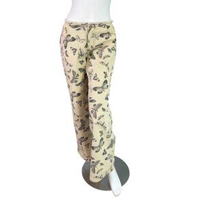 MILK IT Denim Jeans Butterfly & Moth Print Ecru/Brown Relaxed Fit Wide Leg Sz 30